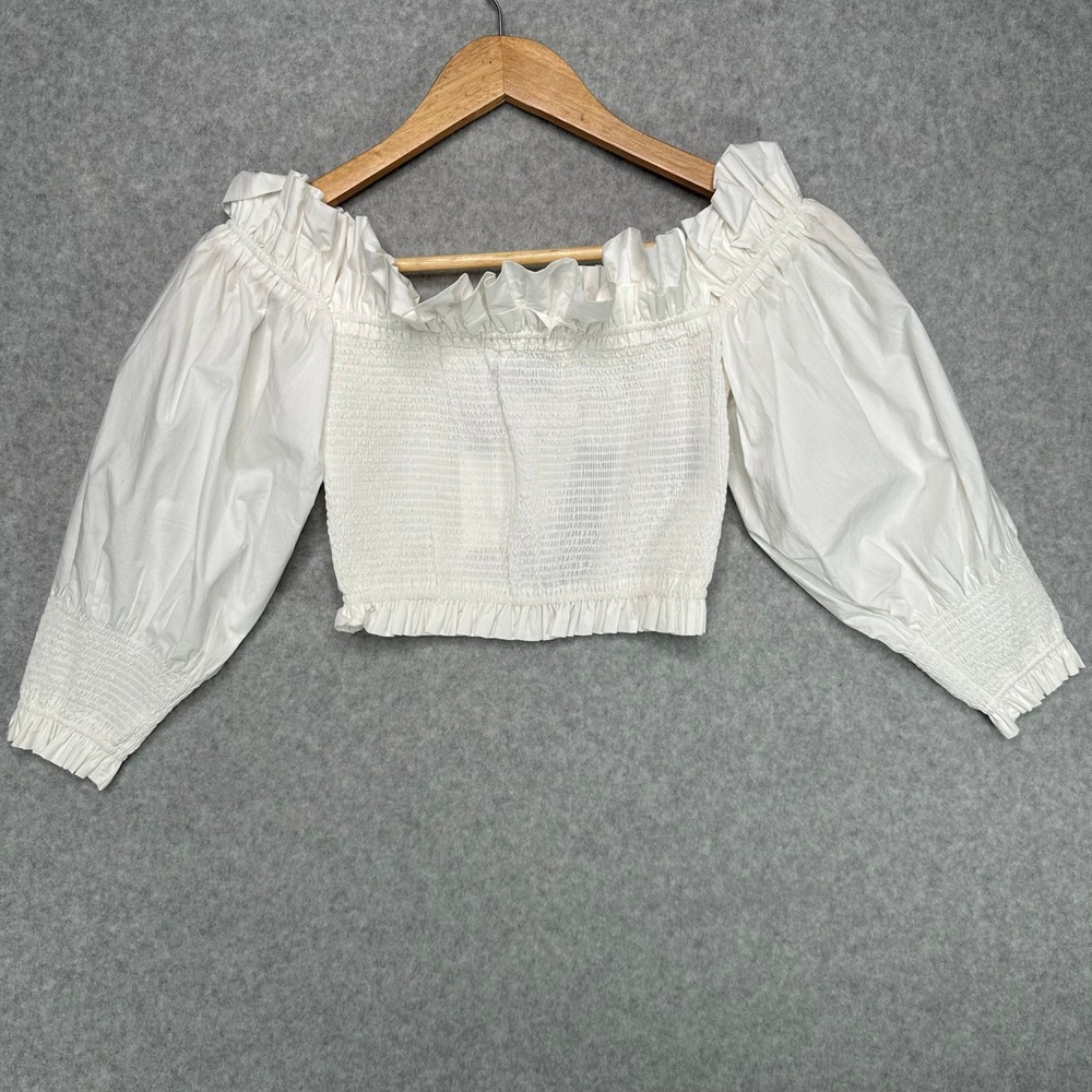 TOCCIN NY Optic White Smocked Ruffle‎ Off Shoulder Crop Top XS